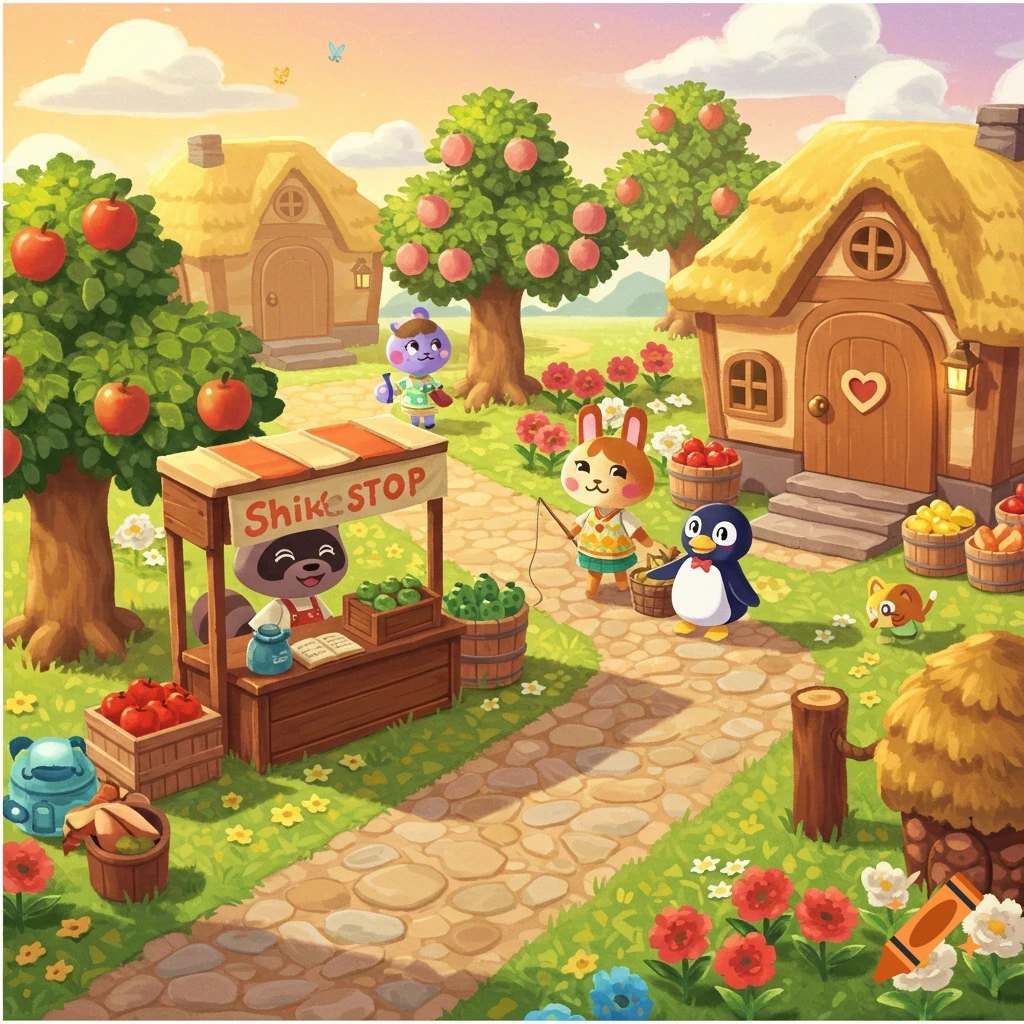 A vibrant, cartoon-style village scene resembling Animal Crossing, with animal characters, houses, apple trees, and a market stall.