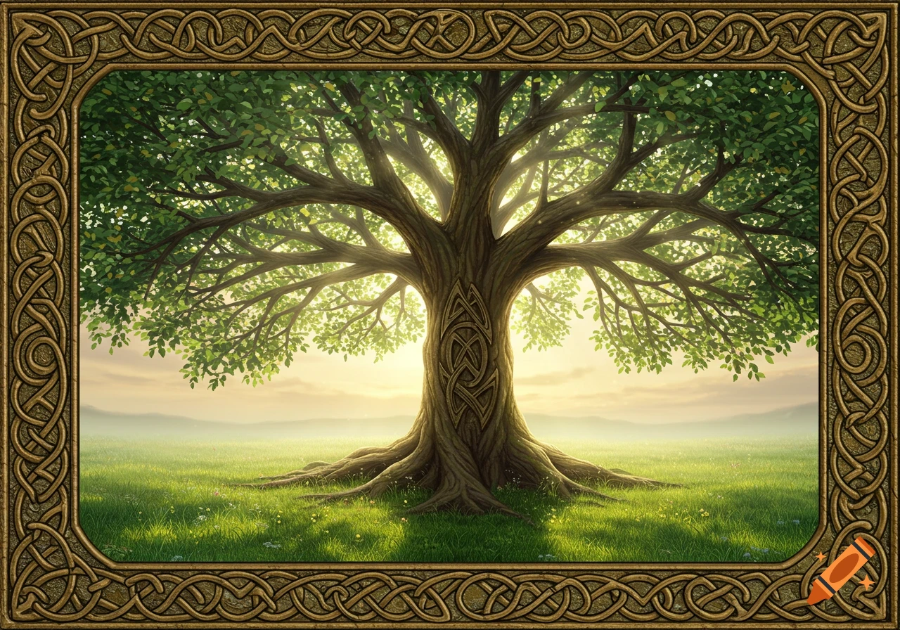 A detailed tree of life with a Celtic knot design on its trunk, set in a sunlit field with a decorative Celtic knot border.