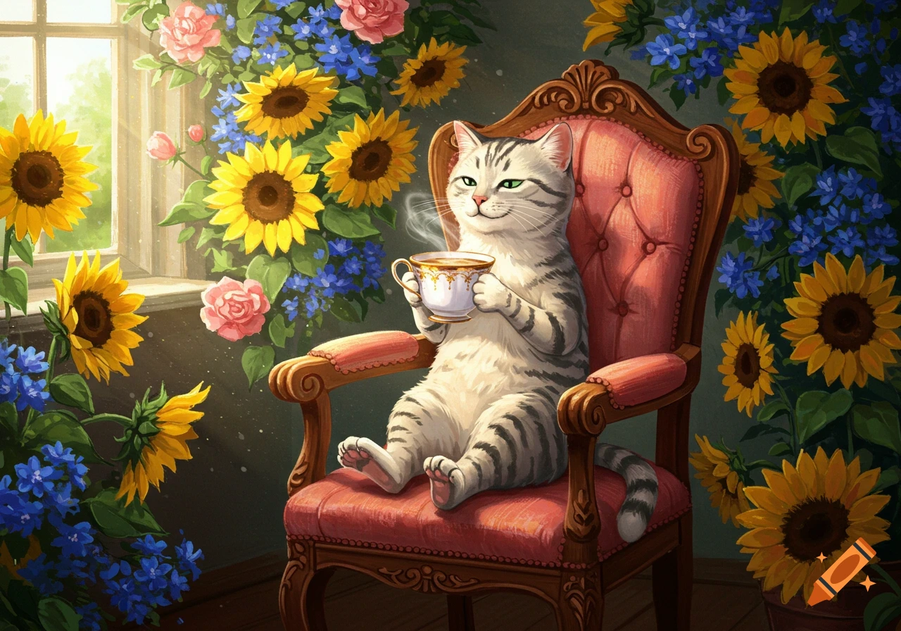 A cute tabby cat sits on a red armchair, holding a teacup, surrounded by vibrant sunflowers and other flowers near a sunlit window.
