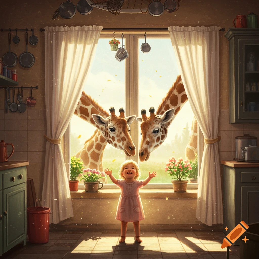 A happy child with outstretched arms stands in a sunlit kitchen, looking at two giraffes peering through the window.