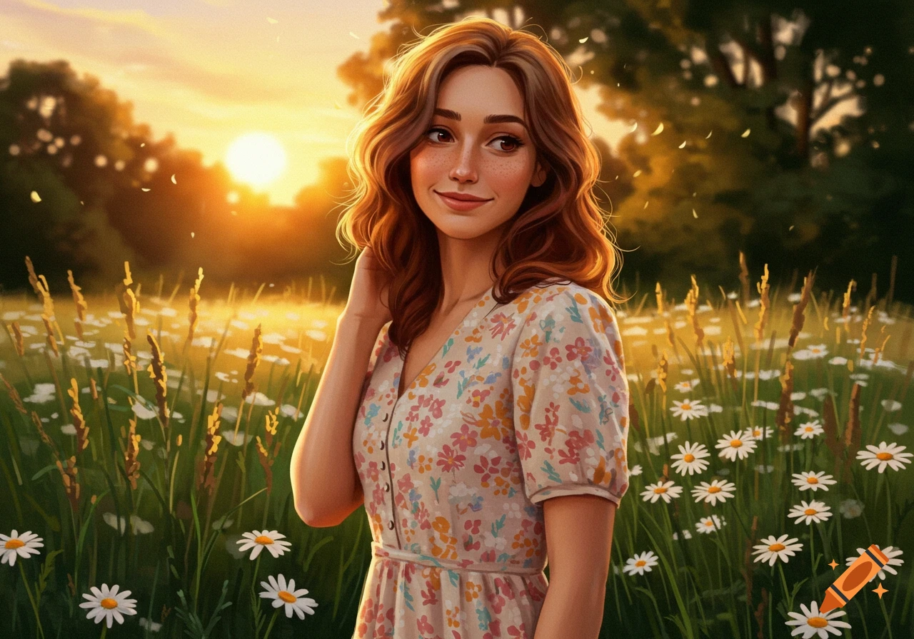 A smiling woman with red hair in a floral dress stands in a field of daisies at sunset, in an illustrative style.