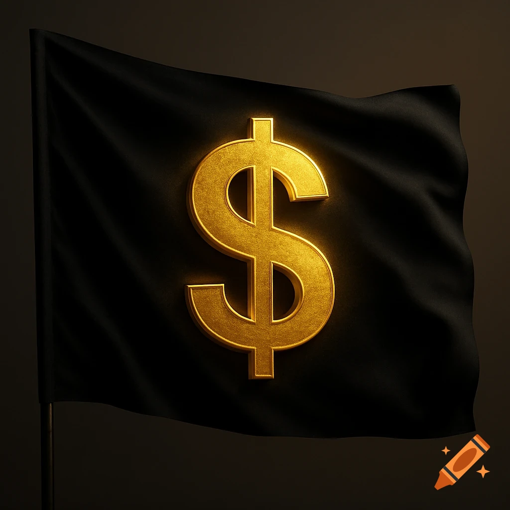 A golden dollar symbol glows on a waving black flag against a dark background.