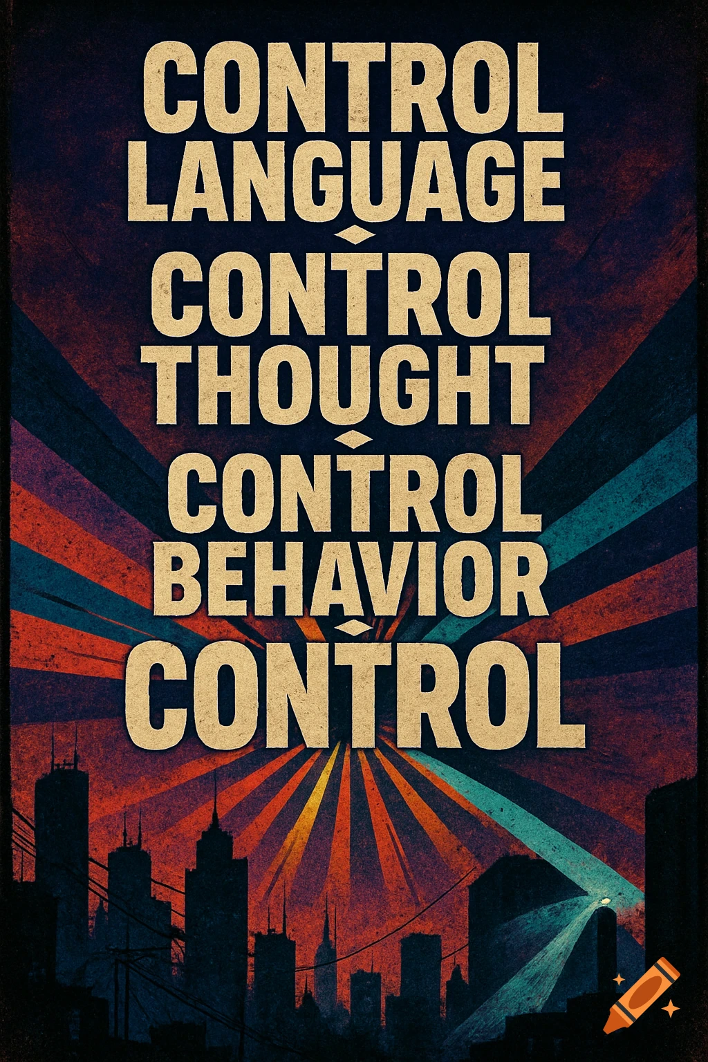 A vintage-style poster with the text 'Control Language, Control Thought, Control Behavior, CONTROL' above a silhouetted city skyline against a red and blue sky with light rays.