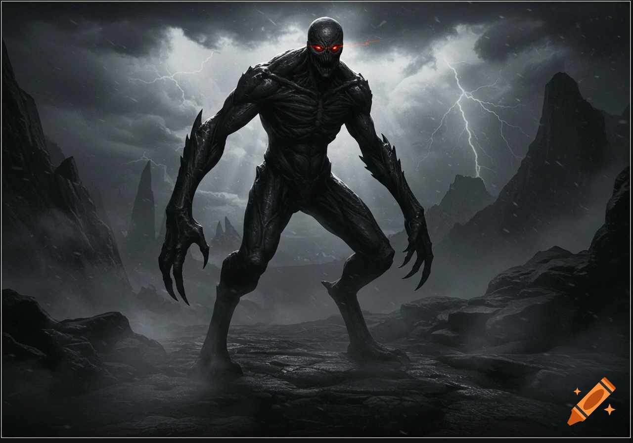 A dark, demonic creature with red eyes and sharp claws stands in a rocky, stormy landscape with lightning.