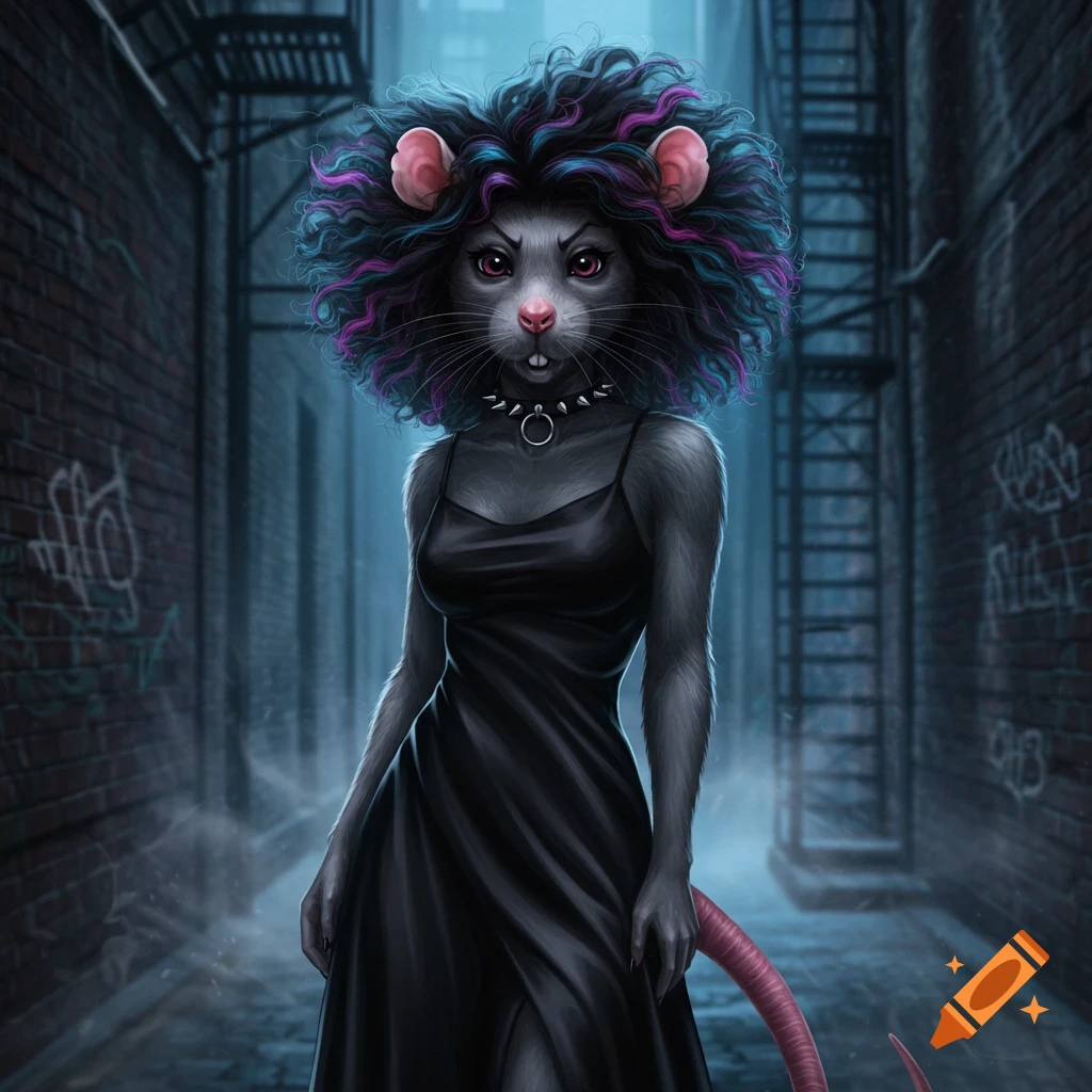 Anthropomorphic goth rat girl with a colorful afro and spiked choker, wearing a black slip dress, standing in a dark, graffiti-covered alley.