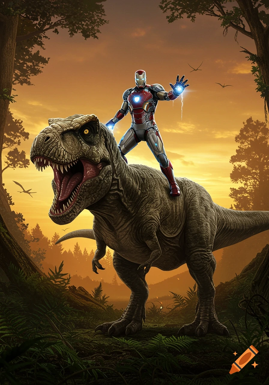 Iron Man stands on the back of a roaring T-Rex in a lush jungle at sunset.