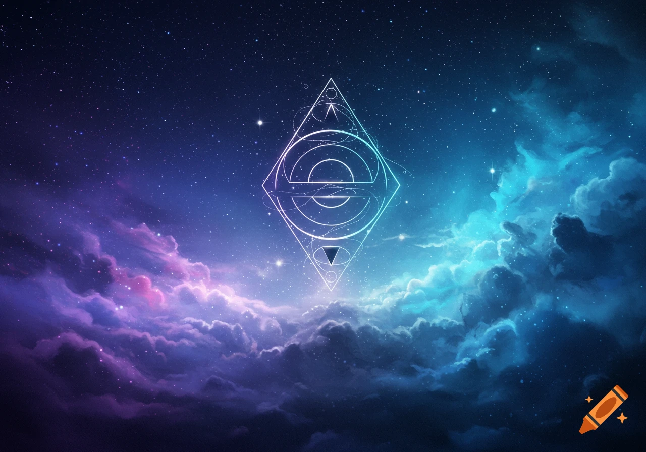 A glowing geometric symbol against a vibrant cosmic background with purple and blue nebulae and stars.