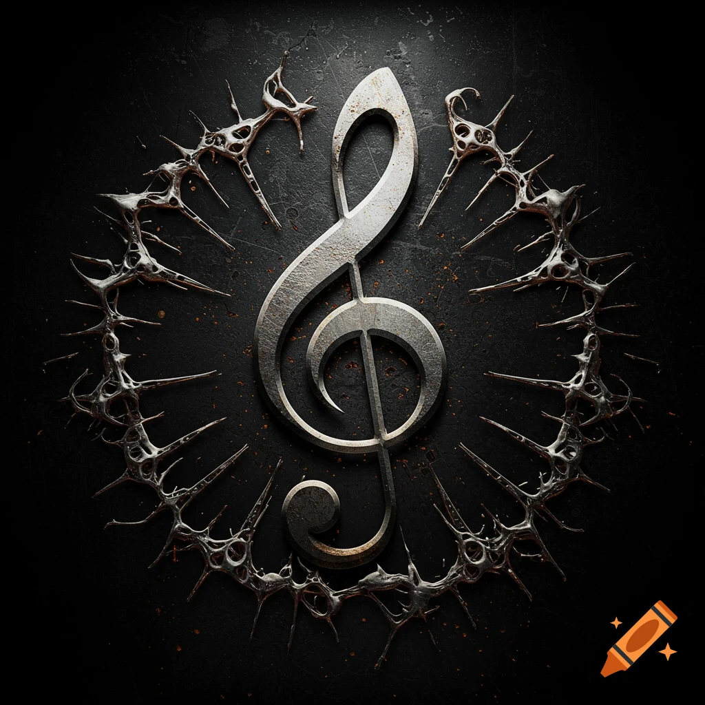 A metallic treble clef stands centrally, surrounded by dark, spiky, organic tendrils on a textured black background.