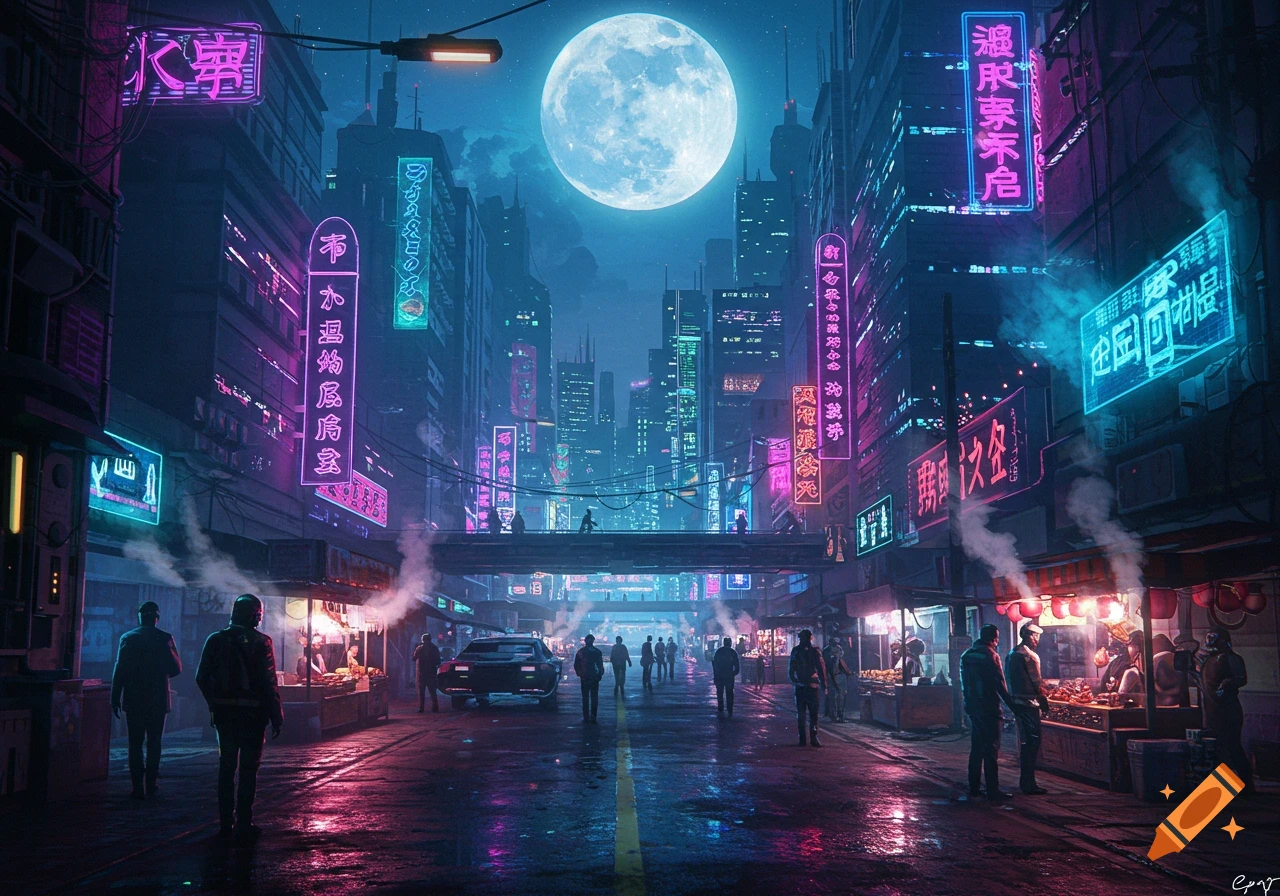 A neon-lit cyberpunk city street at night under a large full moon, with people, street vendors, and reflections on wet pavement.