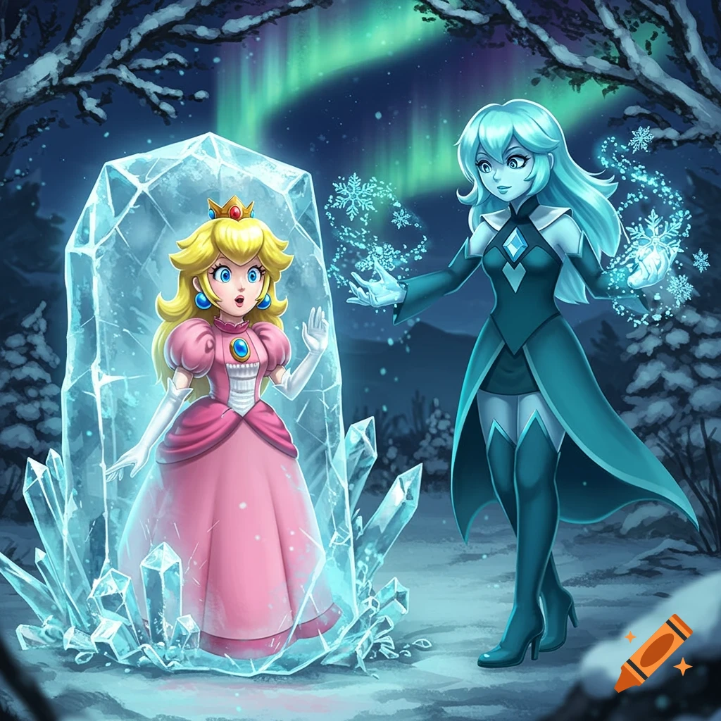 Princess Peach frozen in an ice block by Kula Diamond in a snowy forest with aurora borealis.