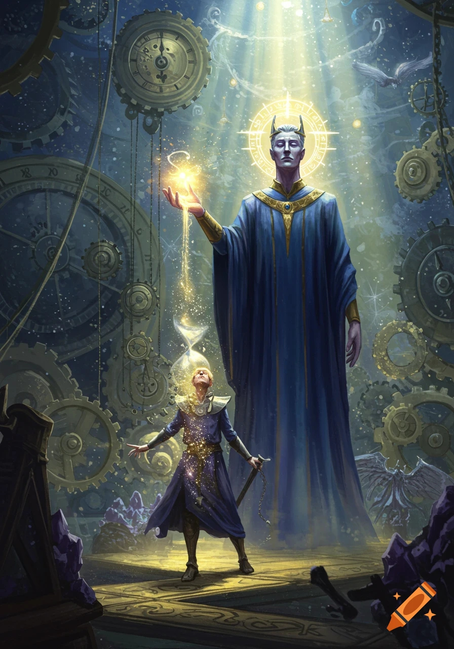 A large, horned figure in blue robes bestows glowing magic upon a smaller figure in a mechanical, clockwork setting, in a fantasy art style.