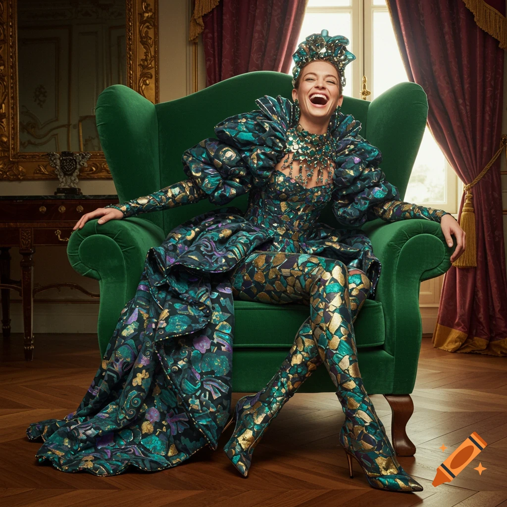 A woman in a vibrant, patterned outfit with a crown laughs while sitting on a large green armchair in an opulent room.