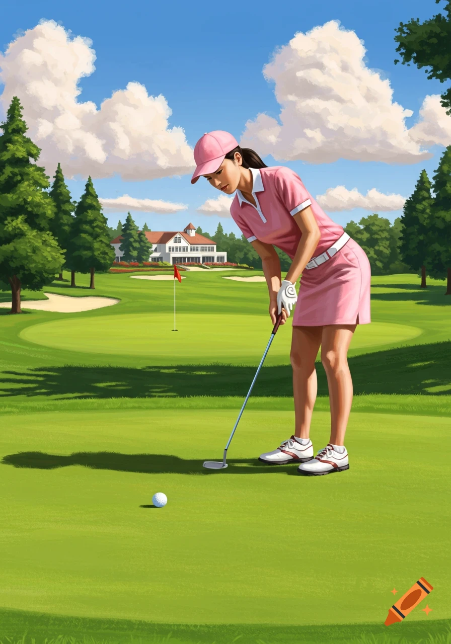A woman in a pink outfit putts a golf ball on a green course under a sunny sky, with a clubhouse in the background.
