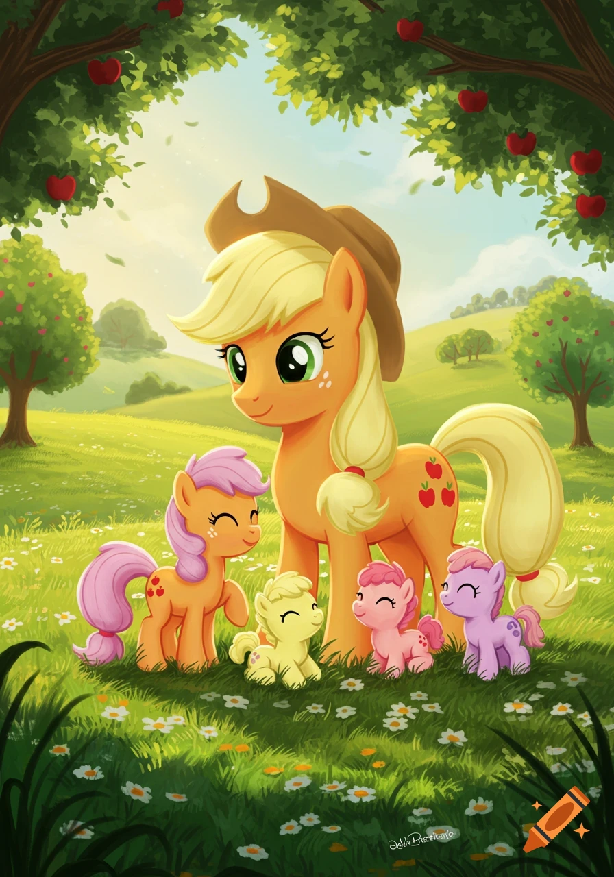 Applejack, a large orange pony wearing a cowboy hat, stands with four smaller ponies in a lush green field with apple trees and wildflowers.