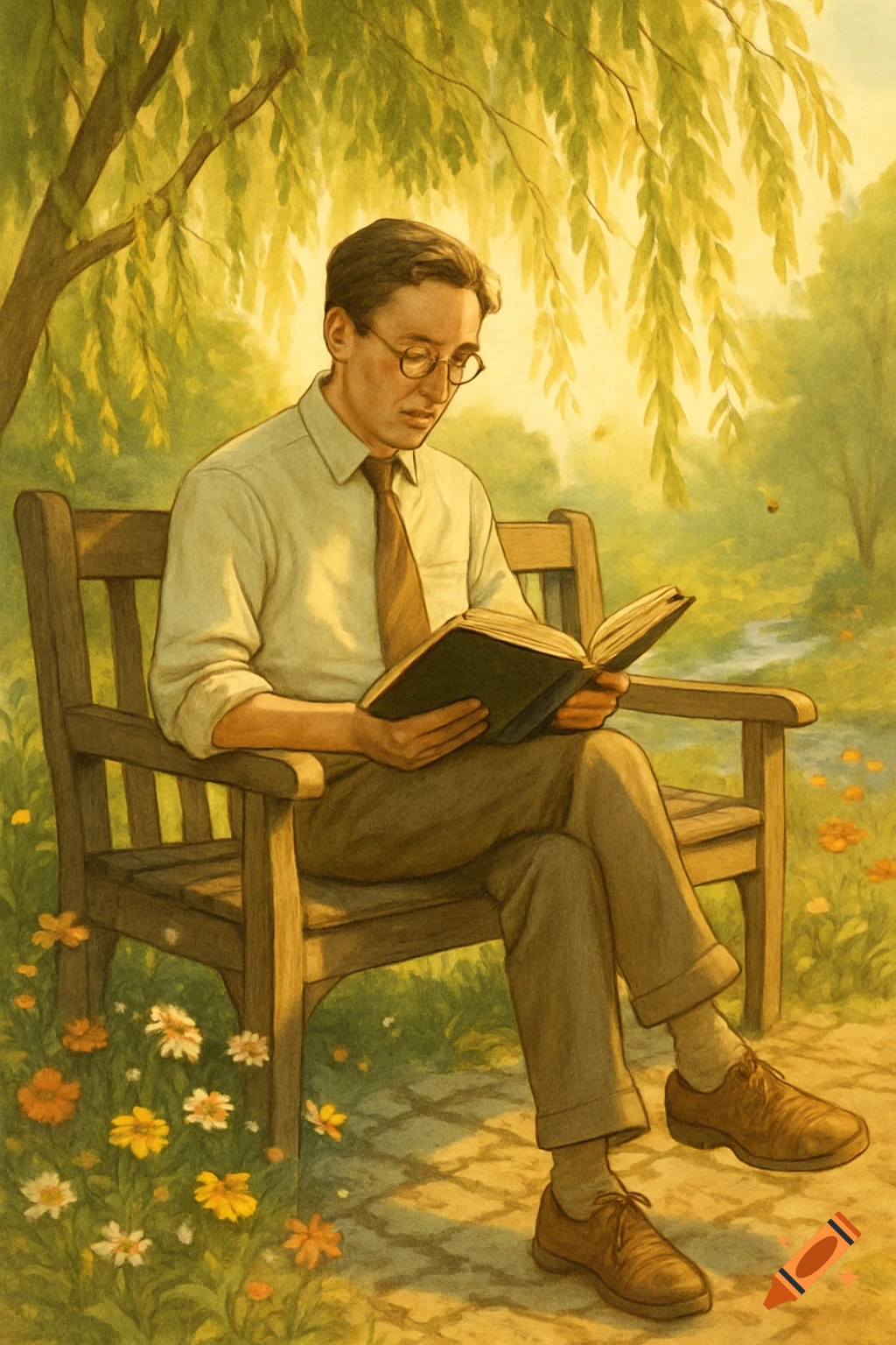 A man in glasses reads a book on a wooden bench in a sunny, green park with flowers, in a painted illustration style.
