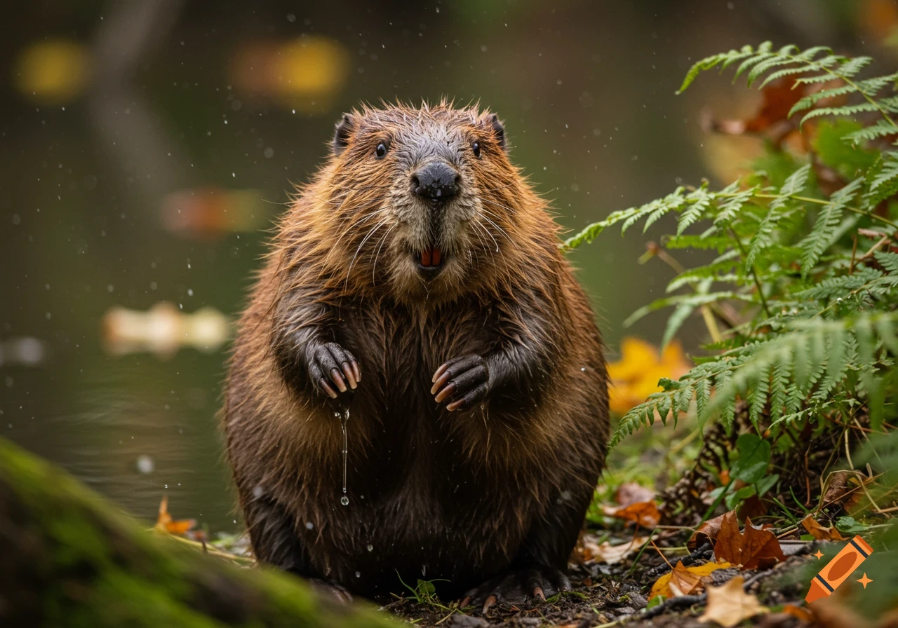 A close-up, photorealistic shot of a wet beaver standing with its mouth open, surrounded by foliage and water droplets.