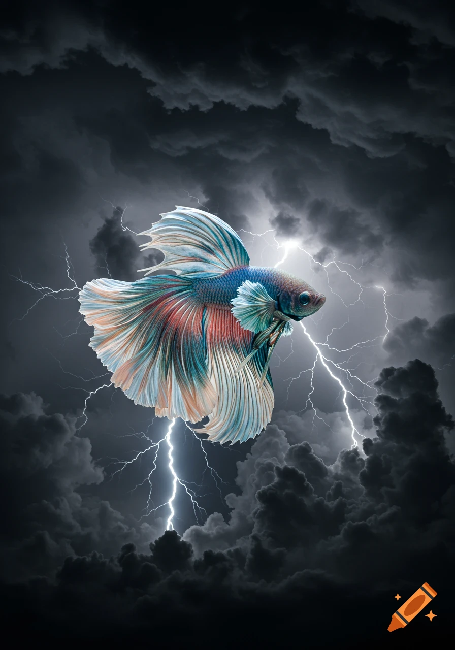 A colorful betta fish with large fins floats amidst dark storm clouds with lightning strikes.
