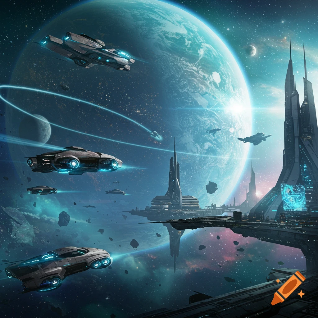 A large blue planet orbits over a futuristic space city with towering buildings and numerous spaceships flying around.
