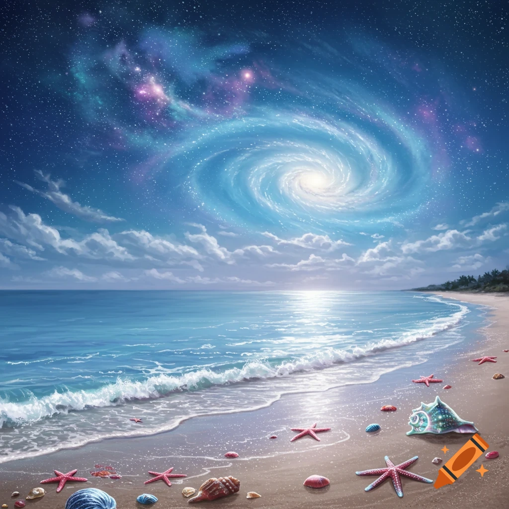 A surreal beach with seashells and starfish on the sand, under a starry sky featuring a swirling blue and purple galaxy.