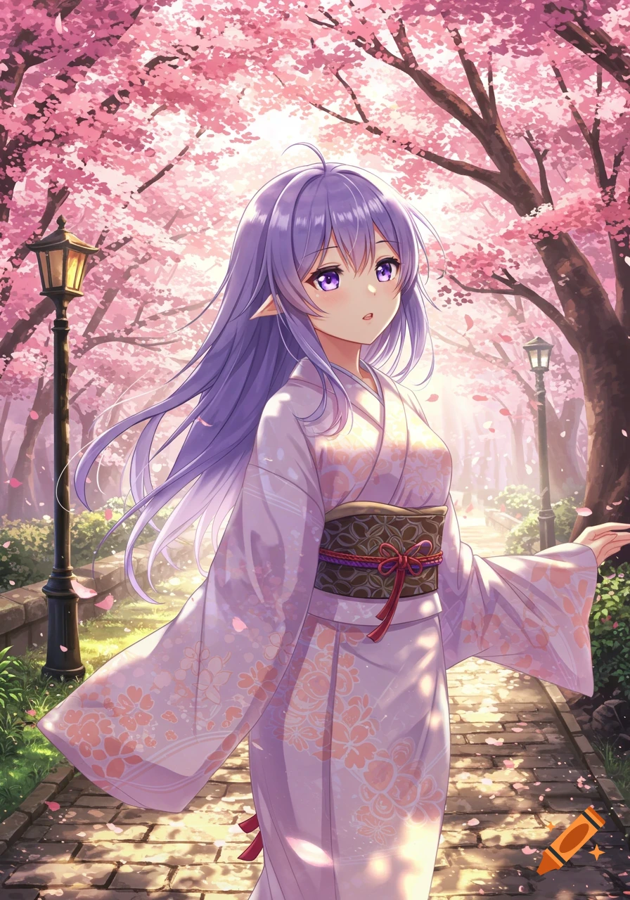 An anime elf girl in a light purple kimono walks along a path under blooming pink cherry blossom trees.