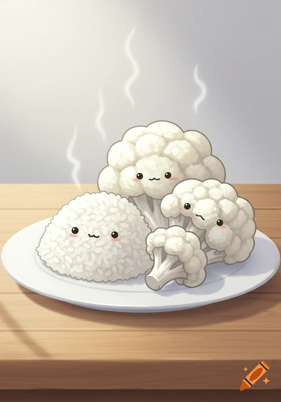 Cute cartoon of smiling rice and cauliflower on a white plate with steam rising.