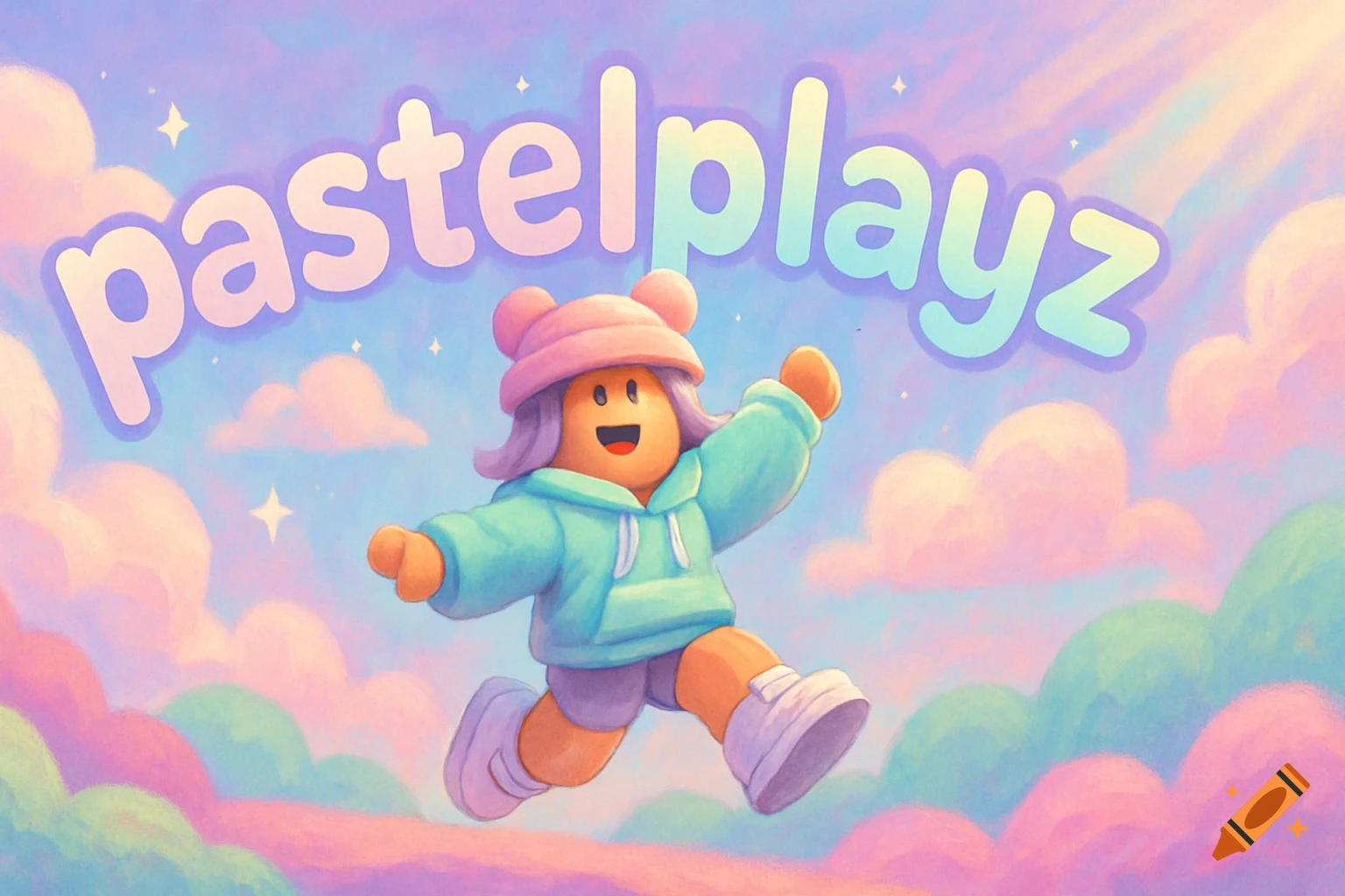 A pastel-colored illustration features a Roblox-style character with purple hair and a pink hat, jumping joyfully against a sky with soft clouds and stars. The word "pastelplayz" is written above the character in large, rounded letters.