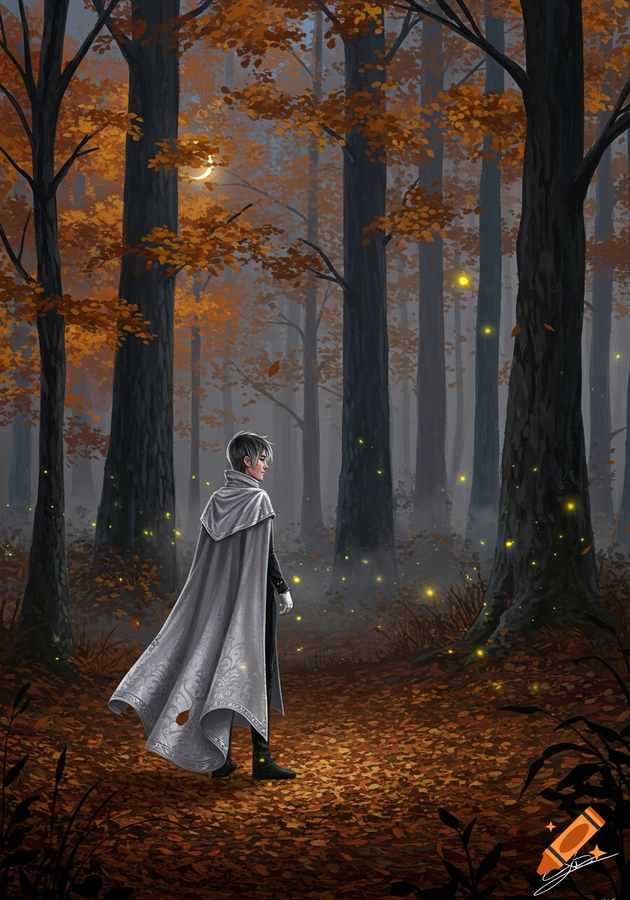 A lone figure in a gray cloak stands in an autumnal forest with a glowing crescent moon and luminous fireflies.