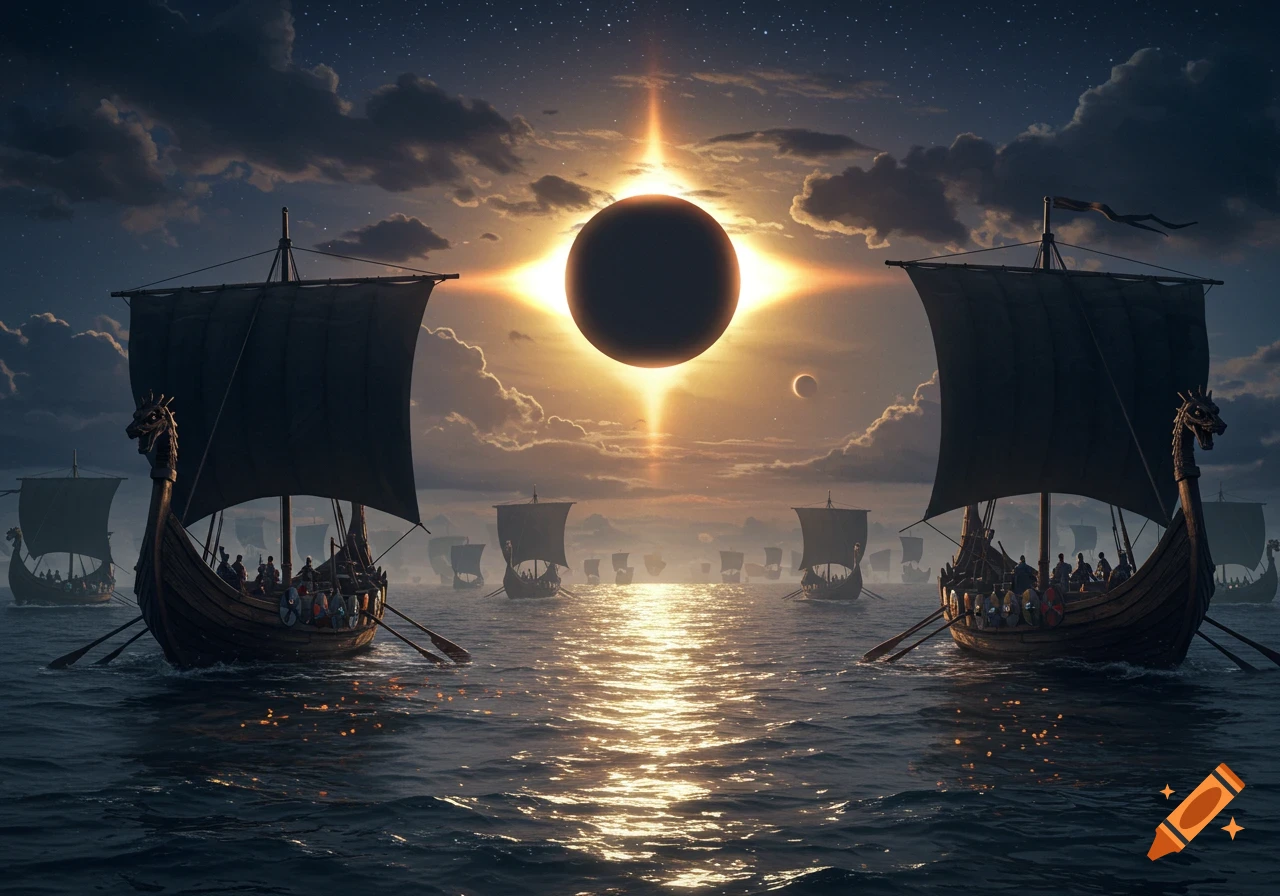 A fleet of Viking longships sails under a dramatic solar eclipse, with the sun's corona flaring around the dark disc.