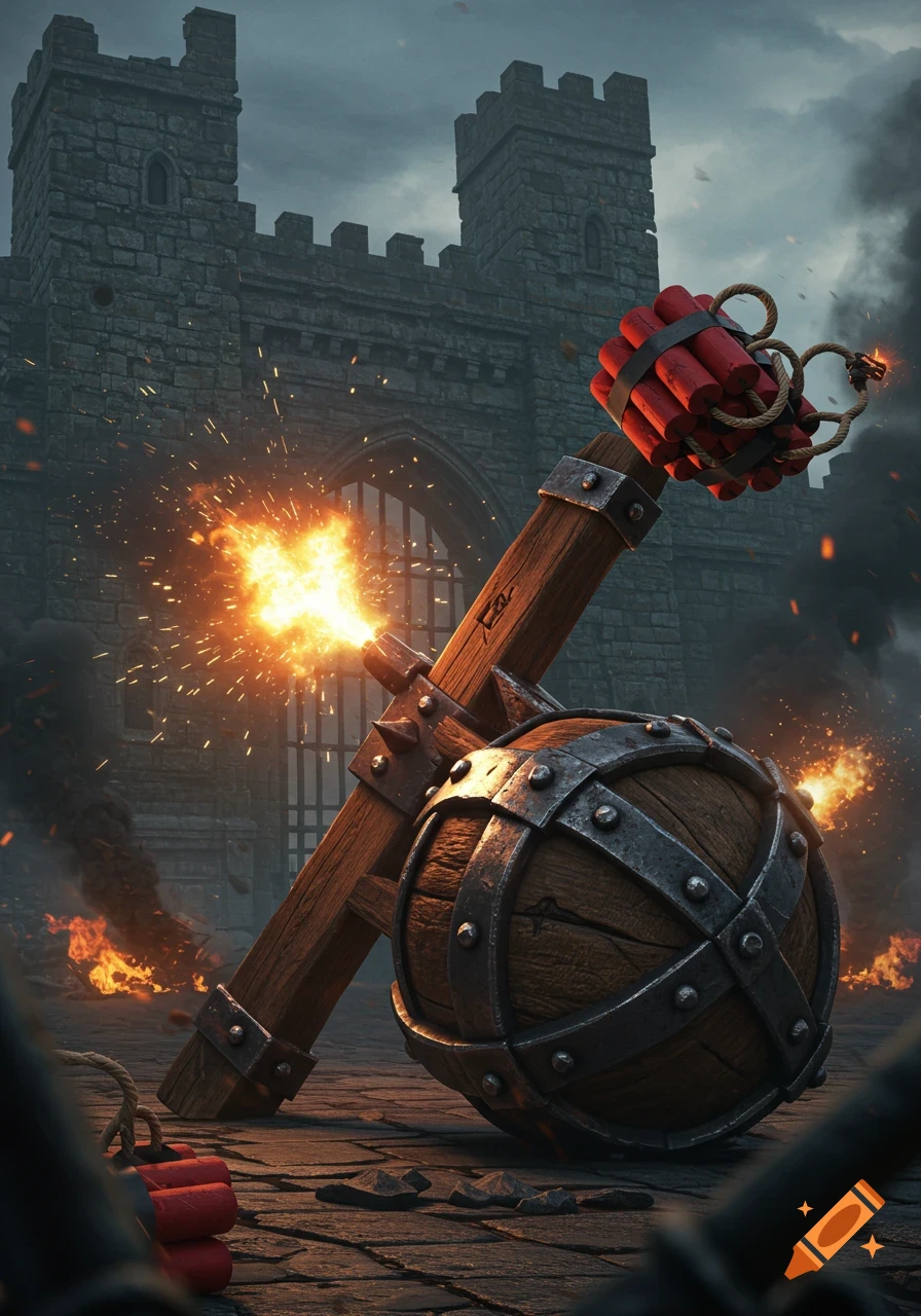 A medieval battering ram with dynamite attached, ignites with fire before a stone castle under a dark sky.