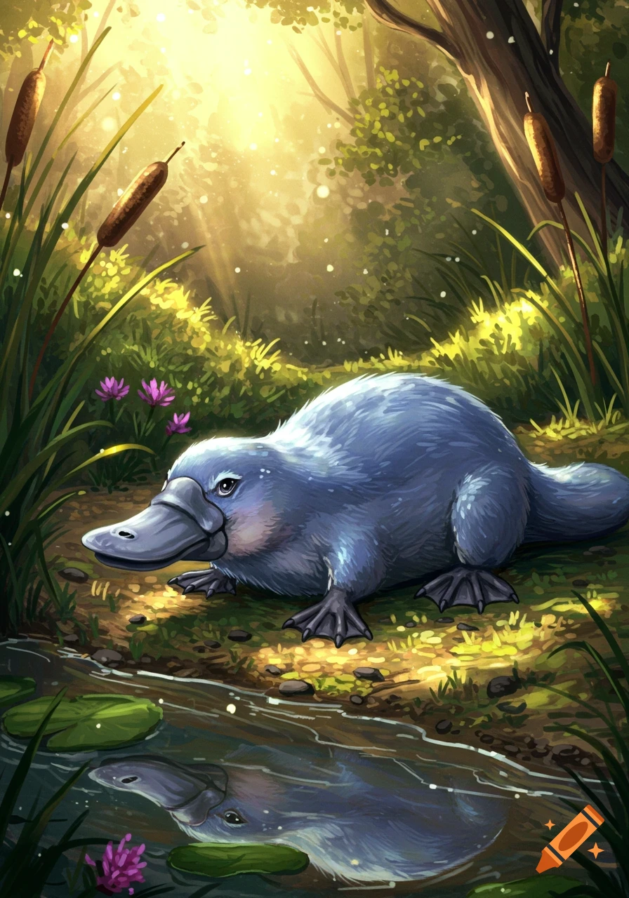 A periwinkle platypus crouches by a sun-dappled stream in a vibrant forest with cattails, its reflection visible in the water.