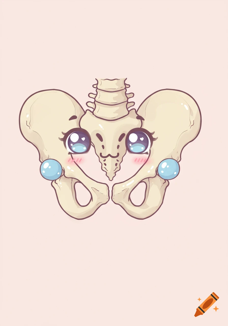 A cute chibi-style cartoon of a human pelvis with large sparkling eyes, a gentle smile, and blush marks, on a light pink background.