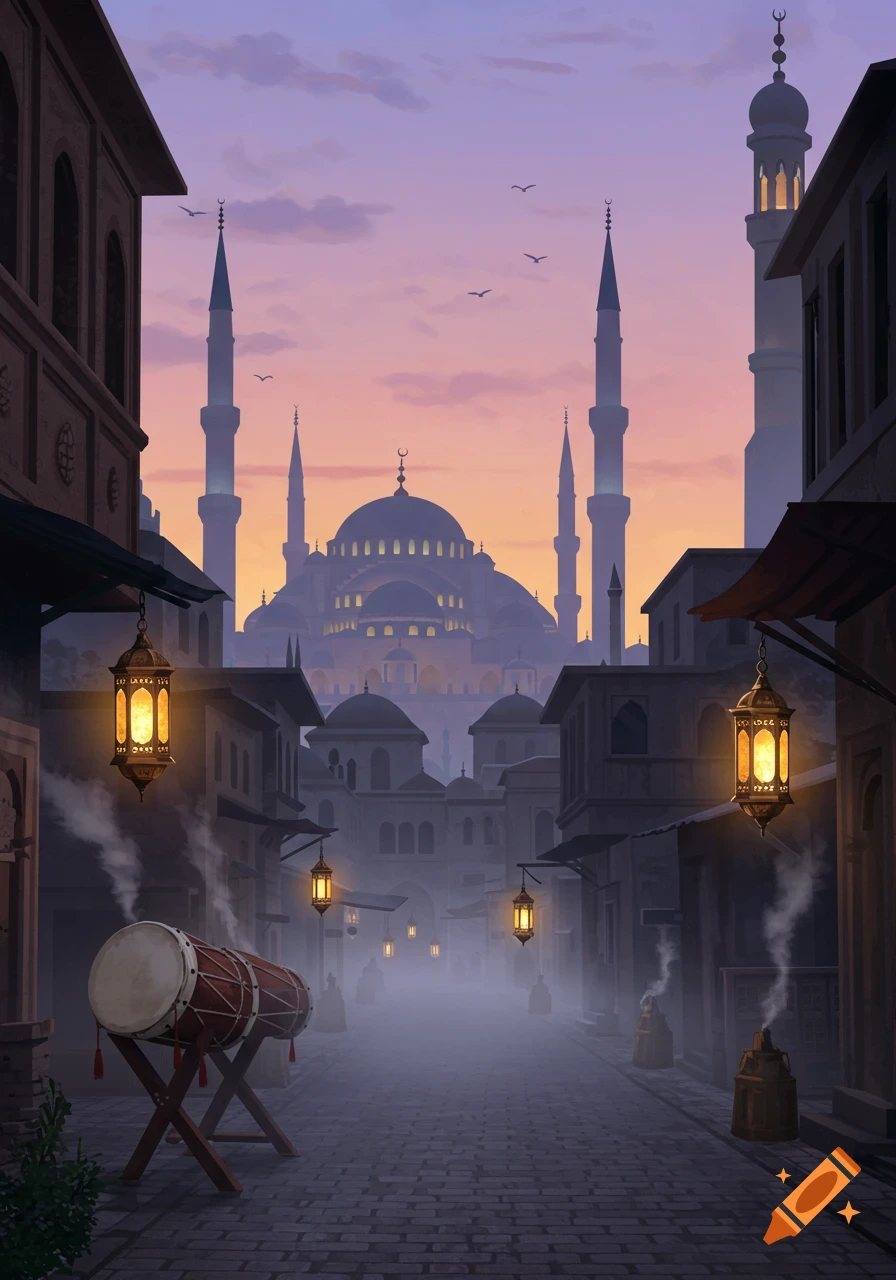 Illustrated street scene at dusk with glowing lanterns, a drum, and a grand mosque under a colorful sky.
