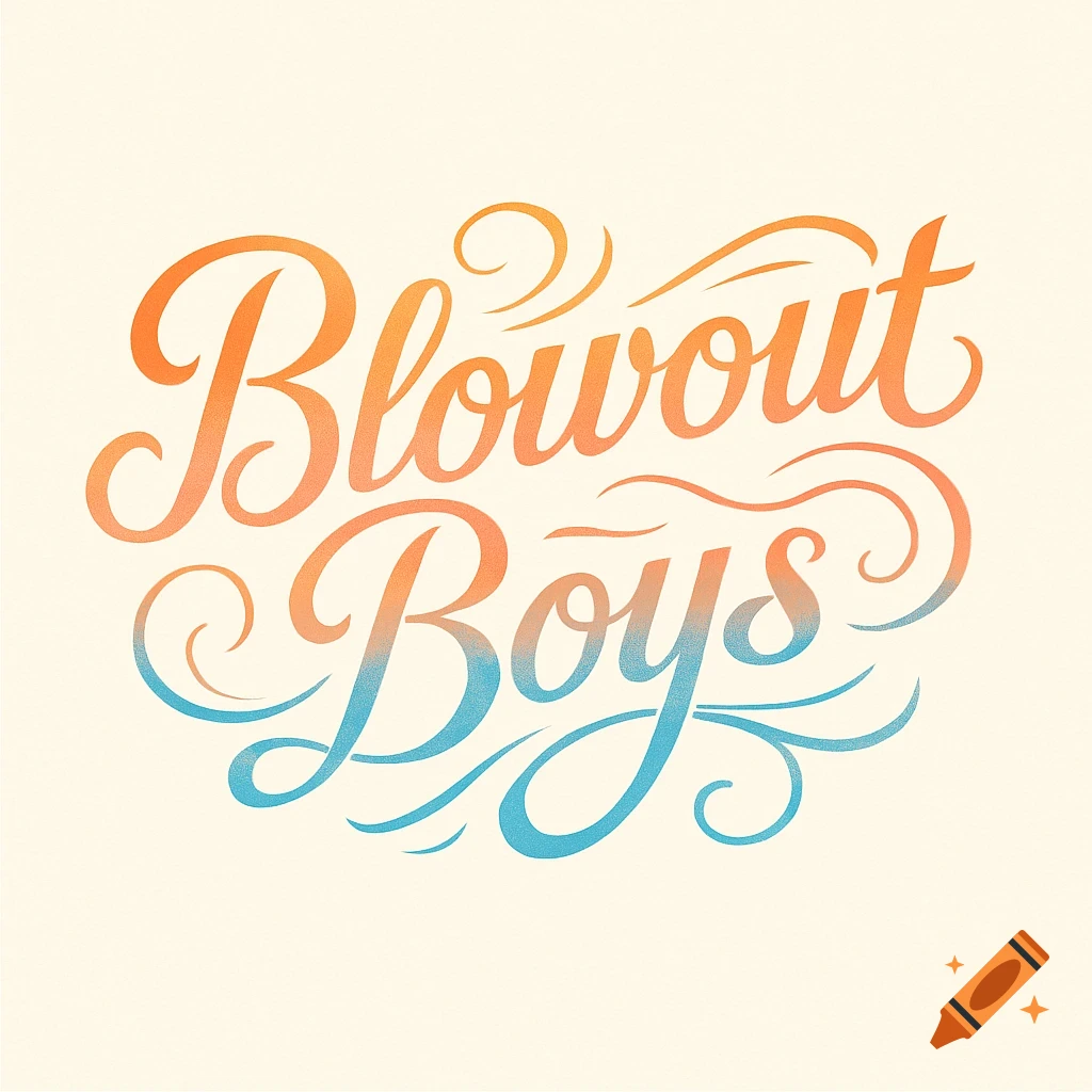 A stylish logo featuring the words "Blowout Boys" in an orange and blue script font with decorative swirls.