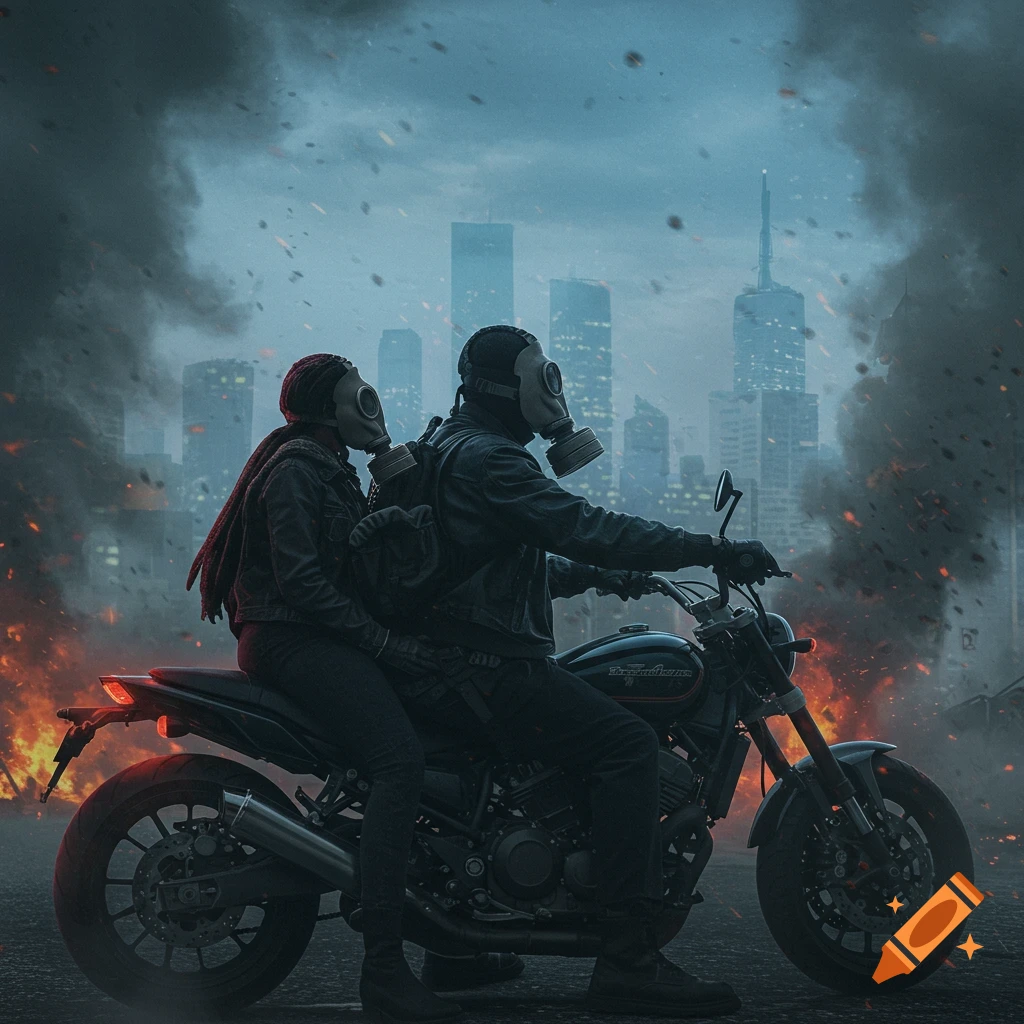 Two people in gas masks on a motorcycle look at a smoky, burning dystopian city skyline.