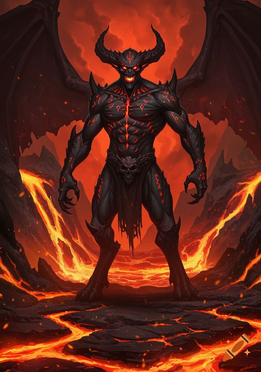 A large, black demon with glowing red eyes, horns, and wings stands in a fiery, lava-filled landscape.