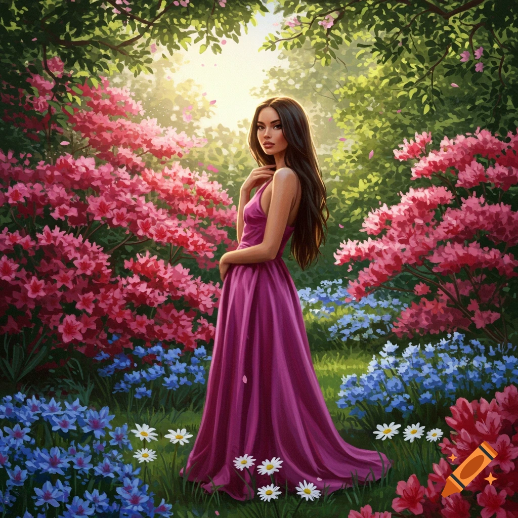 A beautiful woman in a long purple dress stands in a vibrant, sunlit garden filled with pink, blue, and white flowers, in a painterly style.