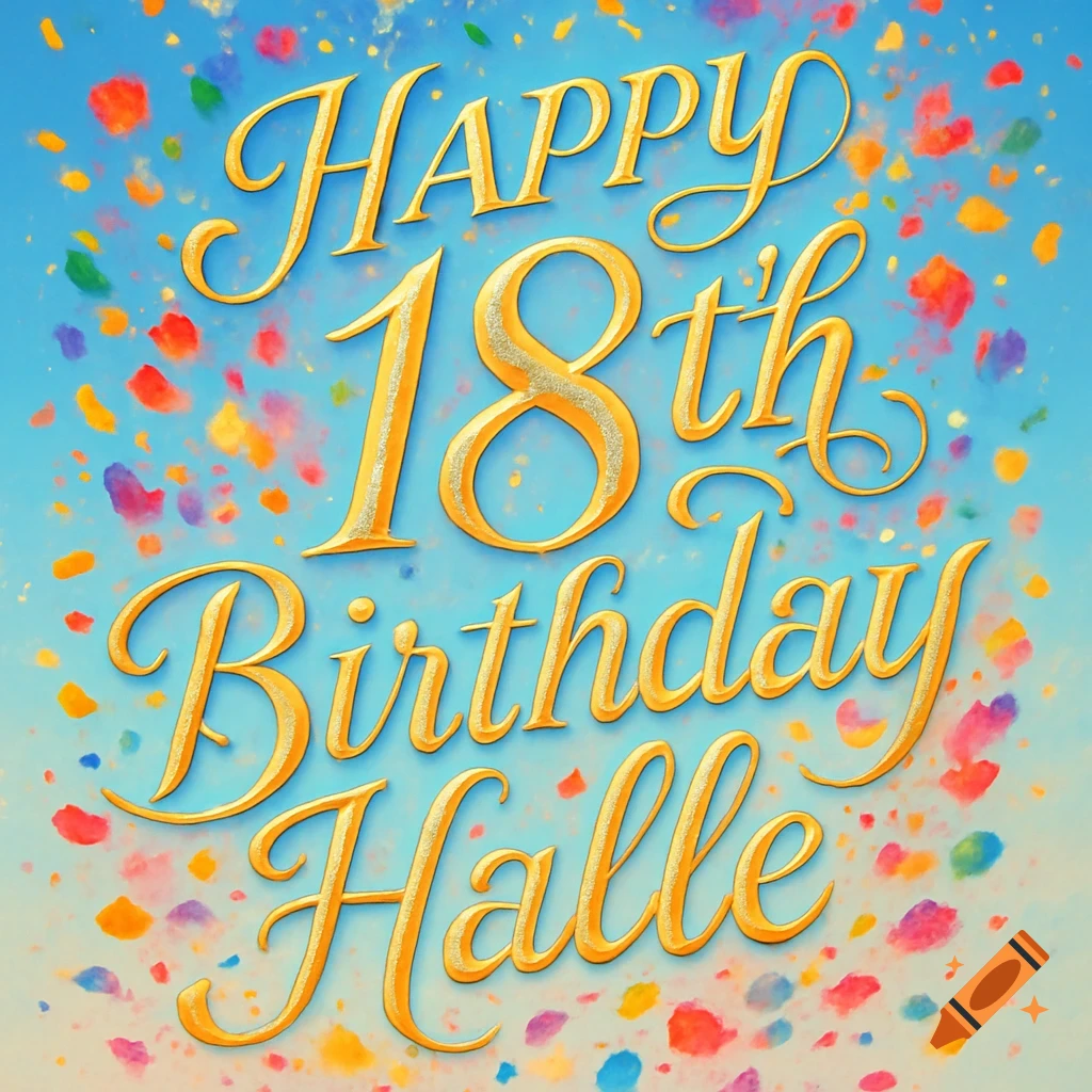 "Happy 18th Birthday Halle" in gold lettering on a blue background with colorful confetti.