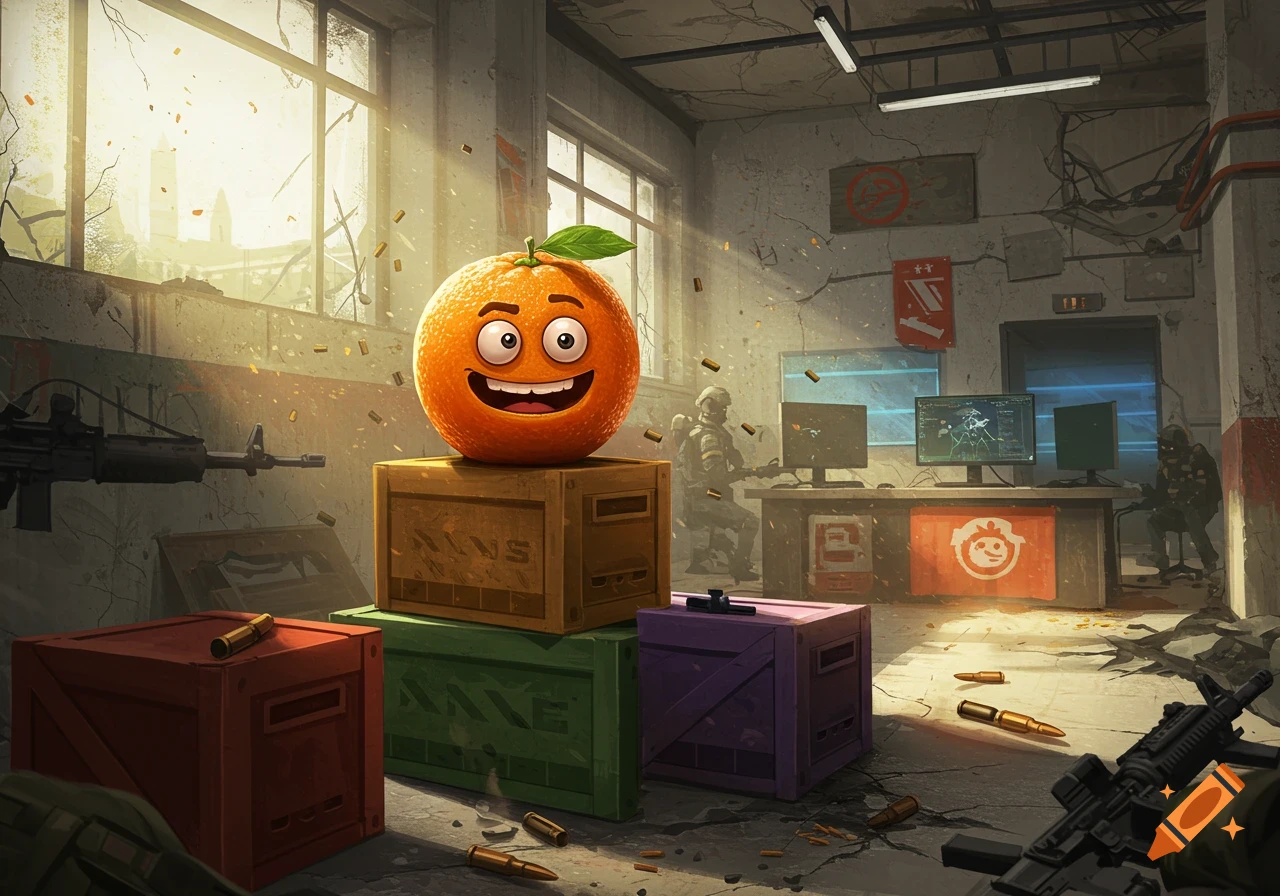 A smiling Annoying Orange cartoon character stands on stacked crates amidst guns and shell casings in a war-torn room resembling a Counter-Strike map.