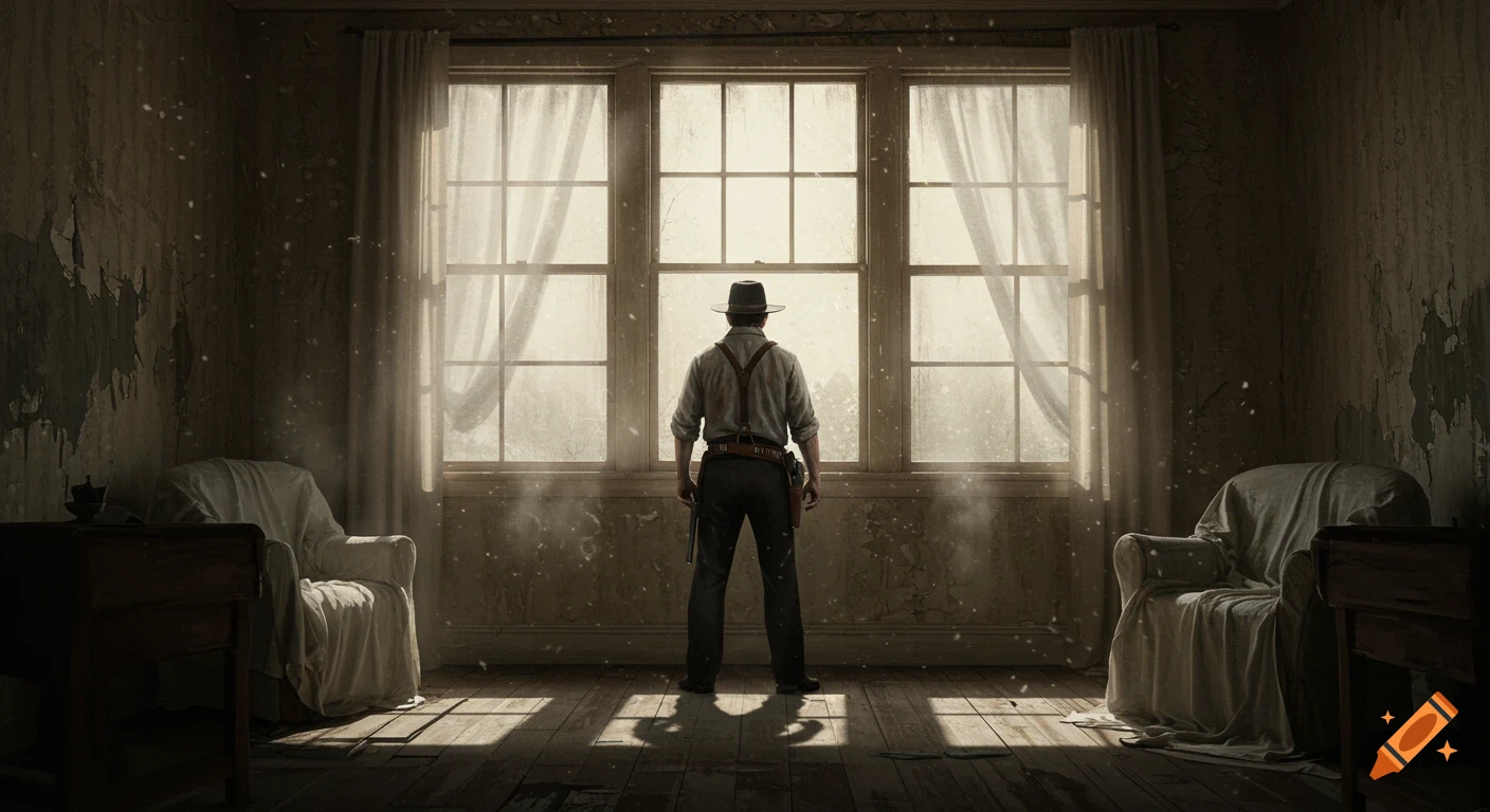 A man in a hat and gun belt stands with his back to the camera, looking out large windows in a dusty, dilapidated old home.