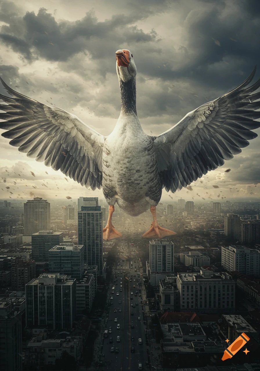 A massive goose with wings spread hovers menacingly over a city, viewed from above, under a cloudy sky.