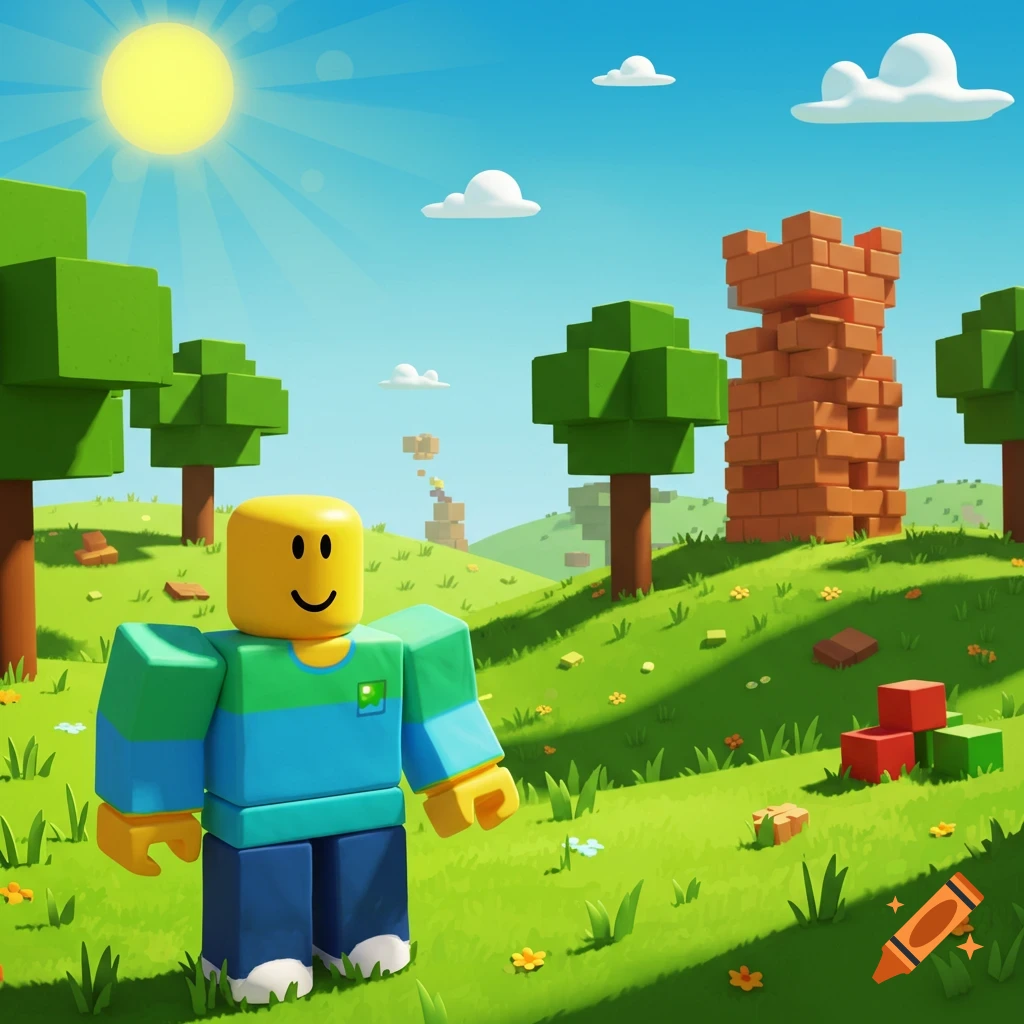 A smiling Roblox-like character stands in a sunny, blocky landscape with trees and a brick tower.