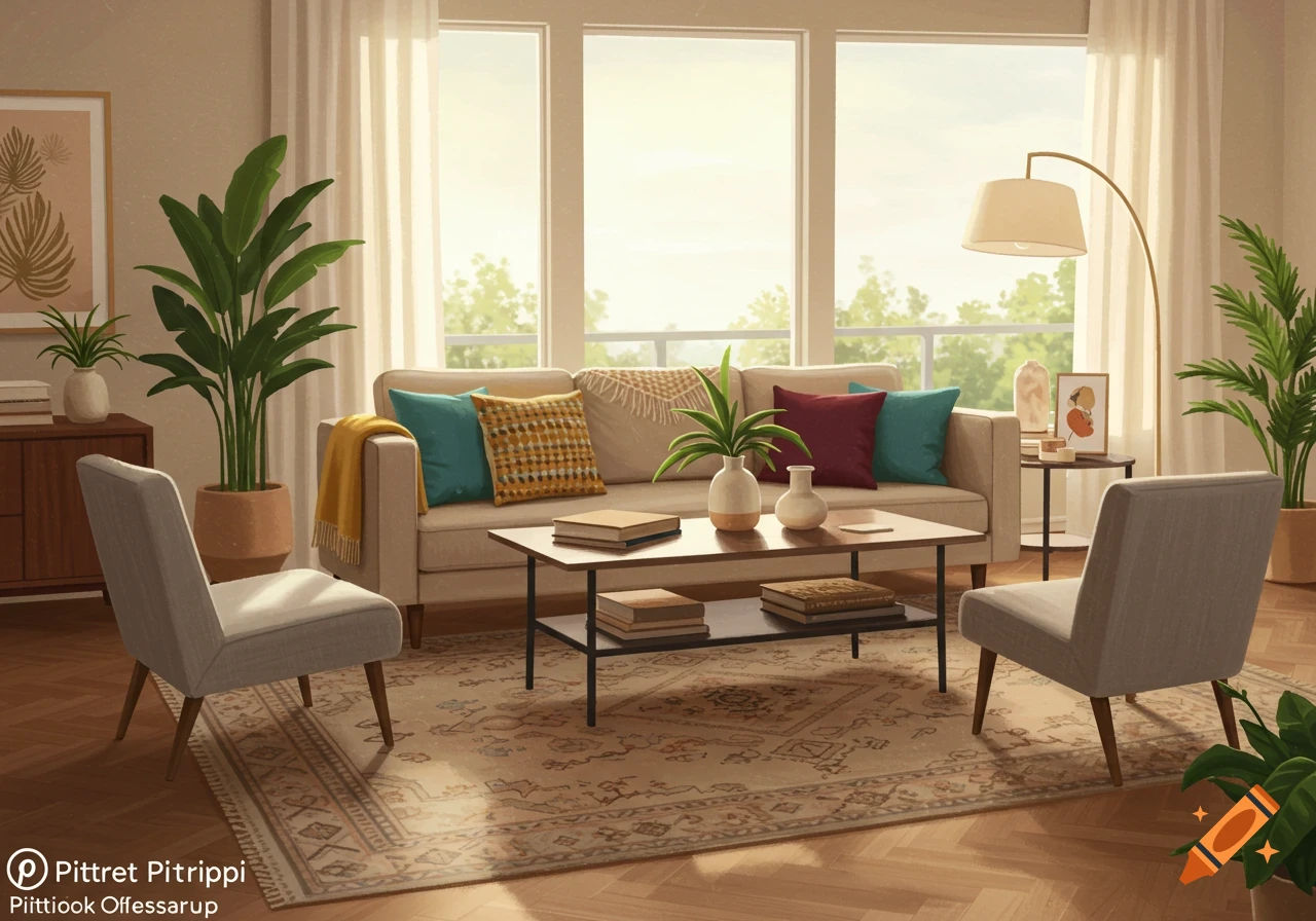 A cozy living room with a neutral sofa, colorful pillows, a coffee table, armchairs, large windows, an area rug, a floor lamp, and potted plants.