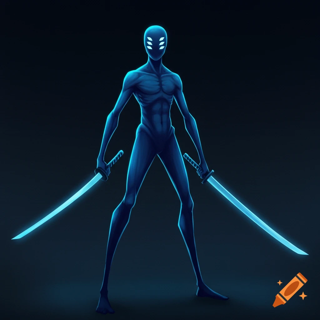 A glowing blue humanoid figure with six eyes stands facing forward, holding a bright blue katana in each hand.