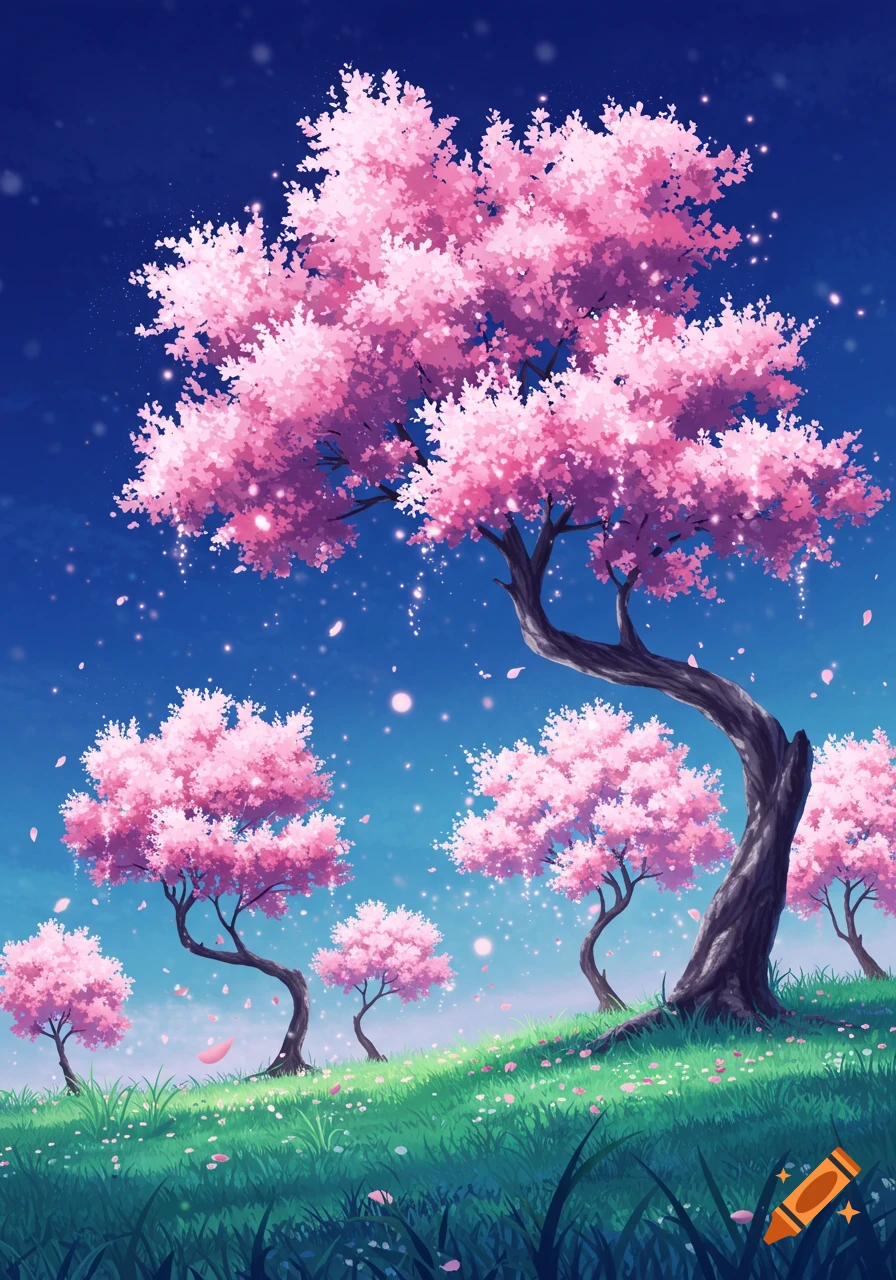 Anime style landscape with vibrant pink cherry blossom trees on a green hill under a deep blue sky with sparkling petals.