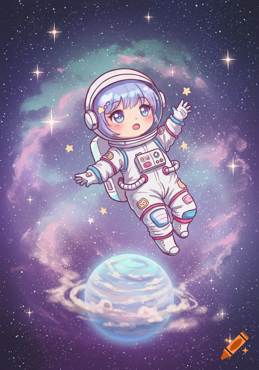 A cute kawaii anime astronaut with purple hair floats in a vibrant purple and blue galaxy with stars and a ringed planet below.