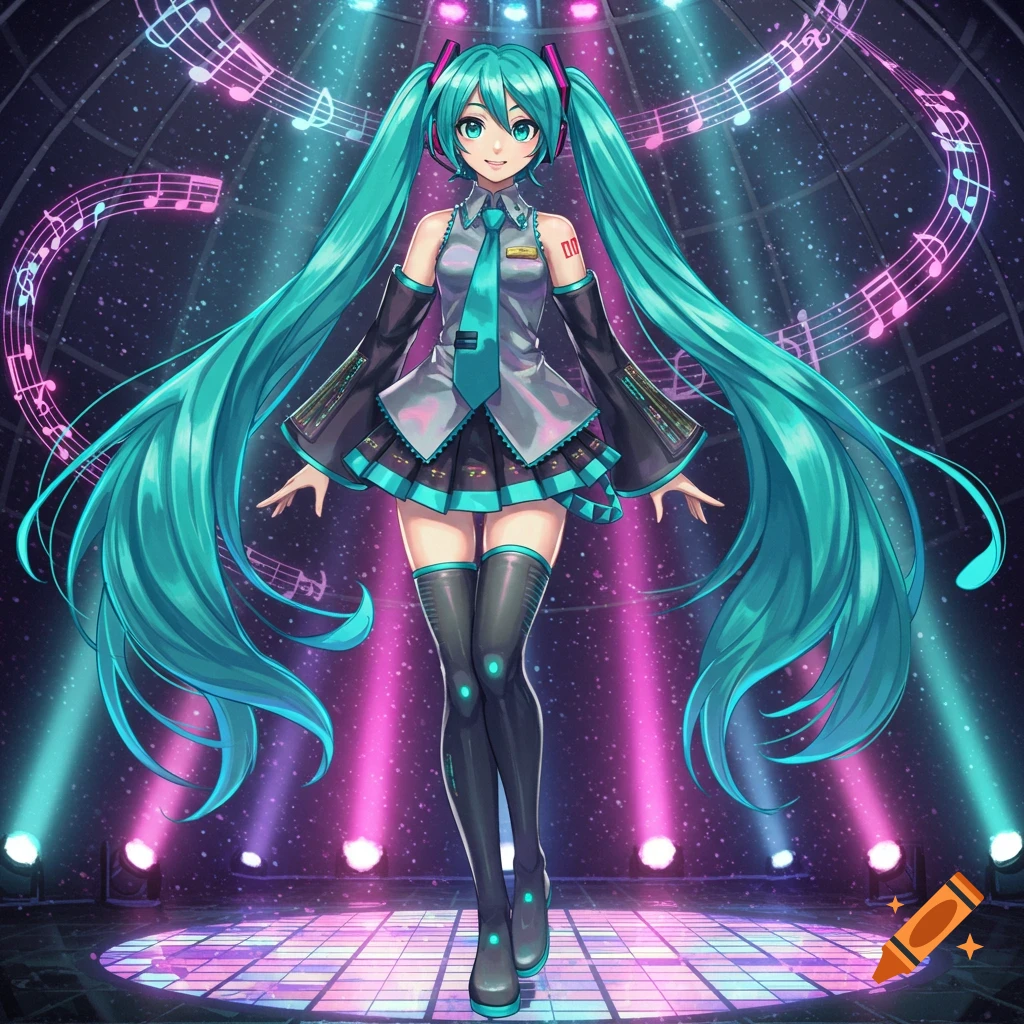A full-body anime character with long turquoise pigtails, wearing a grey and black outfit with a turquoise tie, stands on a glowing stage surrounded by musical notes and spotlights.