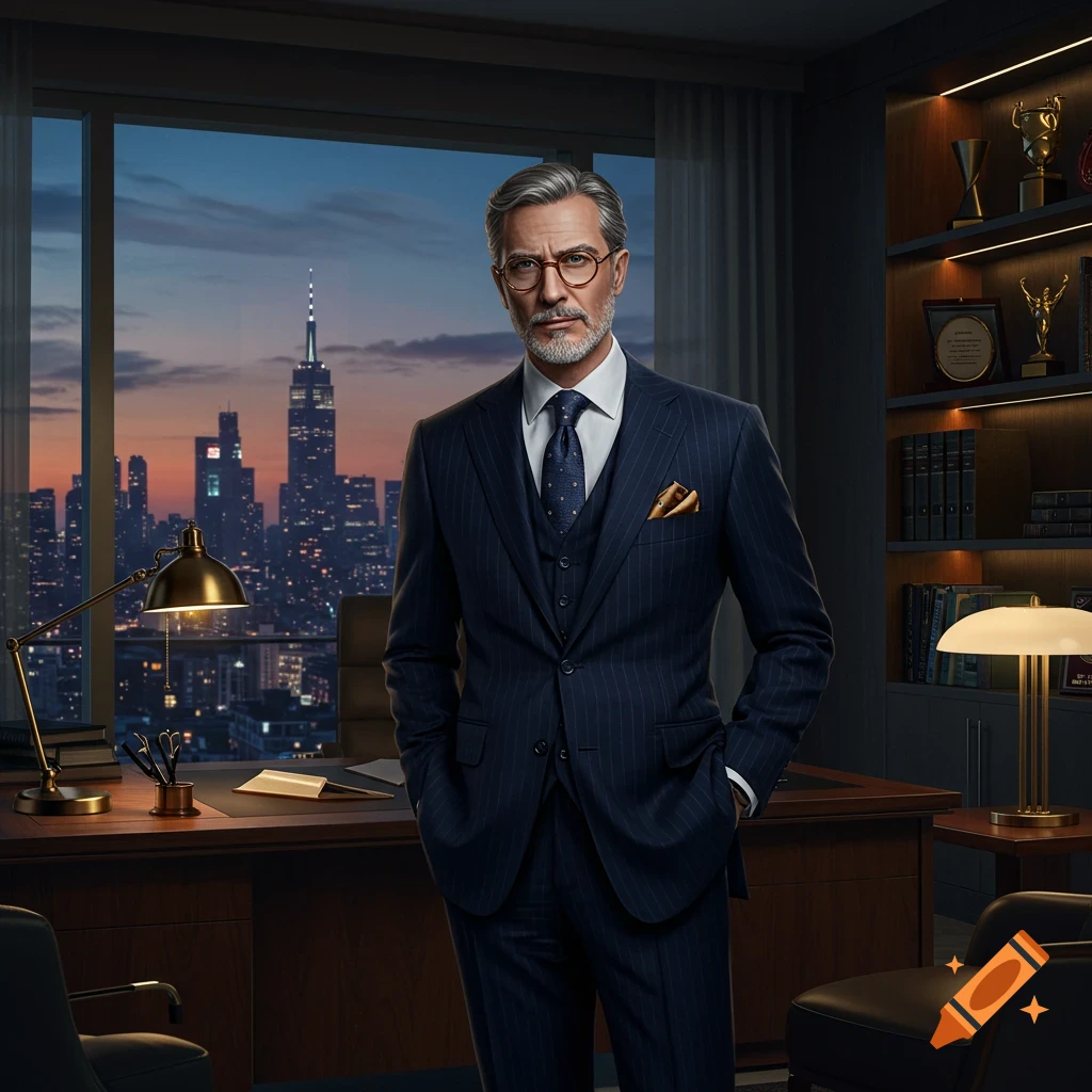 A distinguished man in a pinstripe suit and glasses stands in an executive office overlooking a city skyline at dusk.