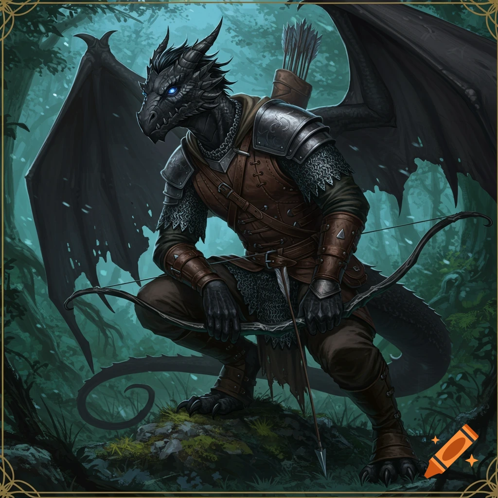 A black dragonborn ranger with glowing blue eyes crouches in a dark forest, holding a bow and arrow. Detailed digital art.