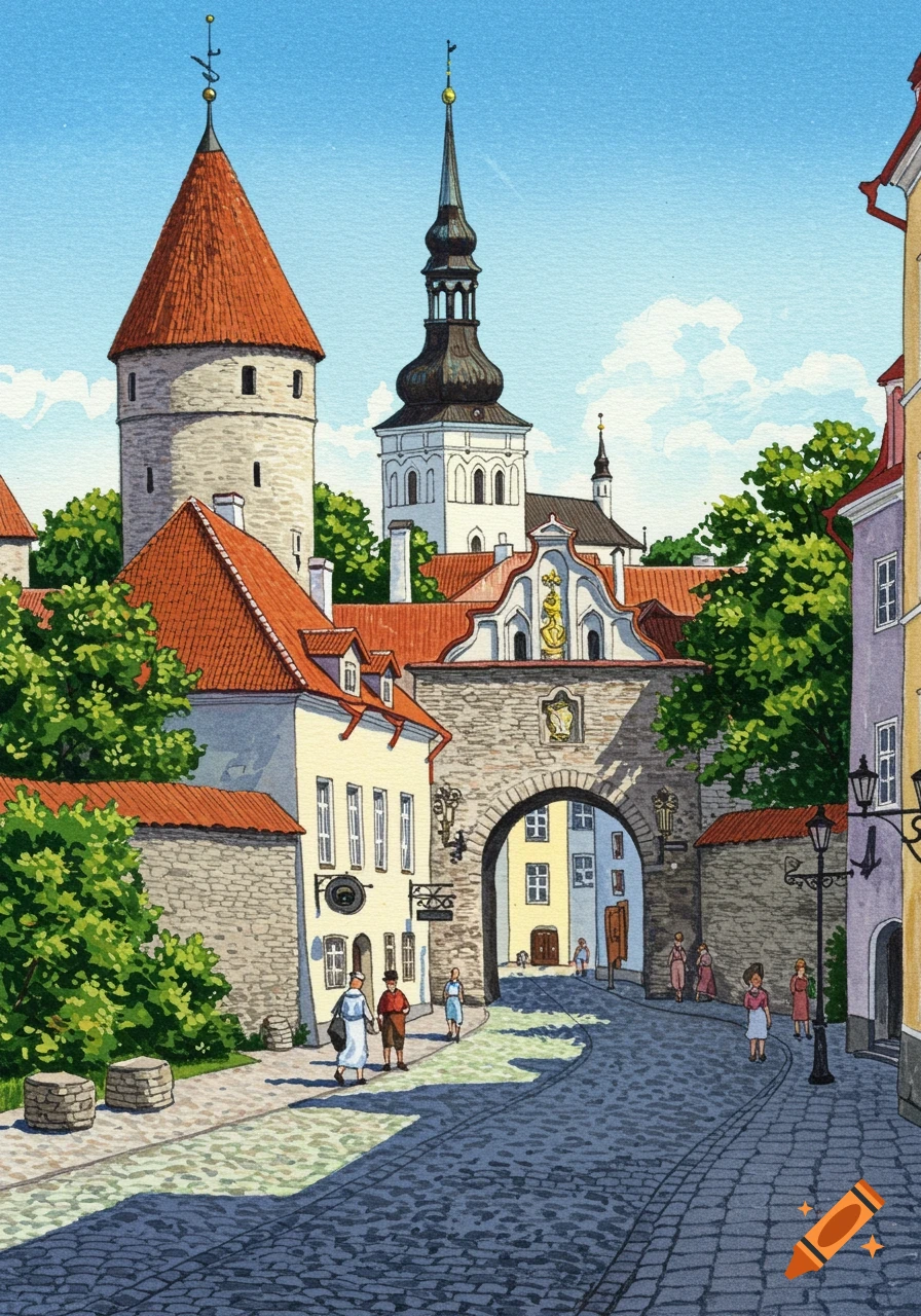 Watercolor illustration of a sunny cobblestone street leading to an arched stone gate and tall church spire in Tallinn's Old Town.