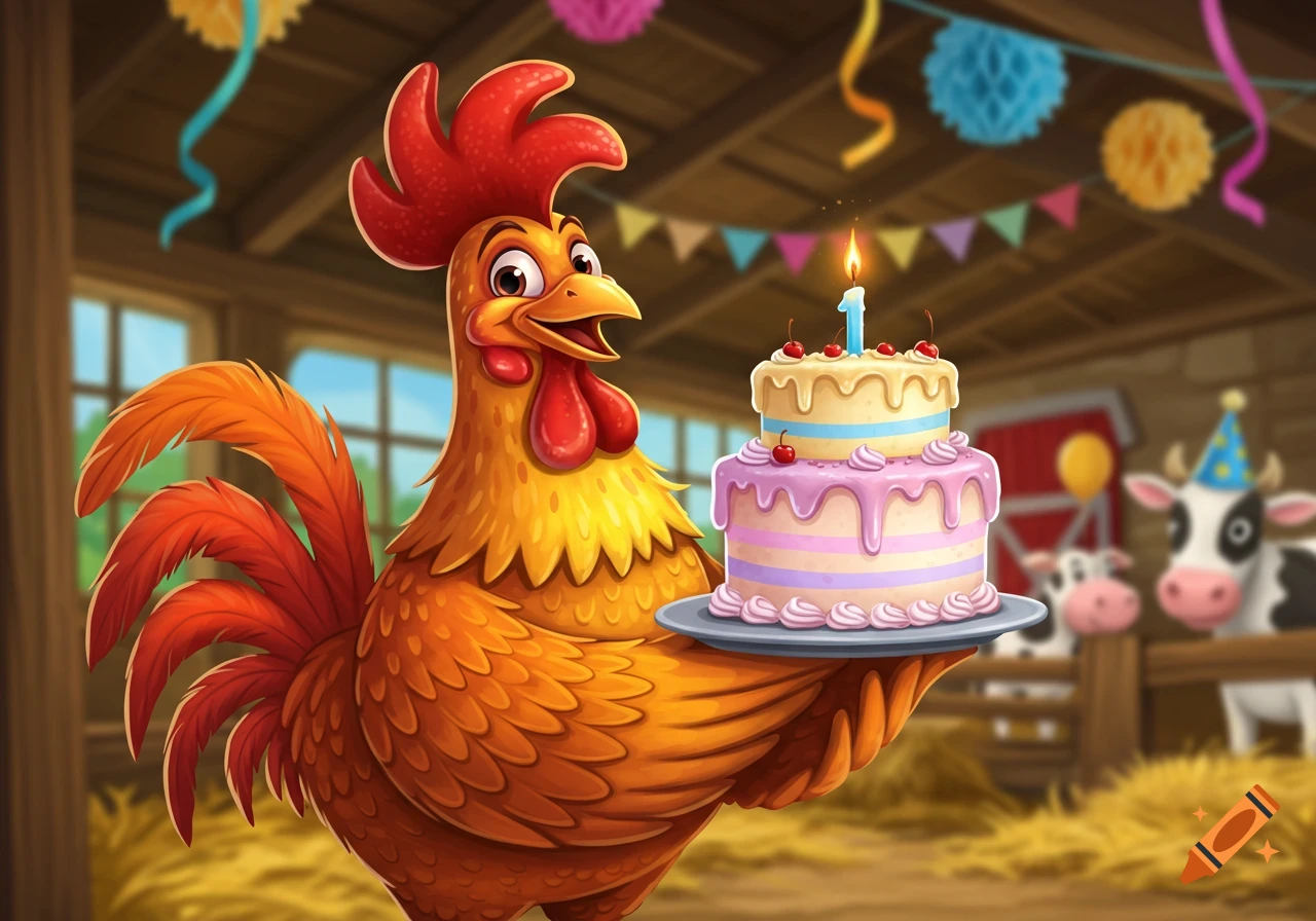 A cheerful cartoon rooster holds a two-tier birthday cake with a number one candle, set in a barn with other cartoon farm animals and party decorations.